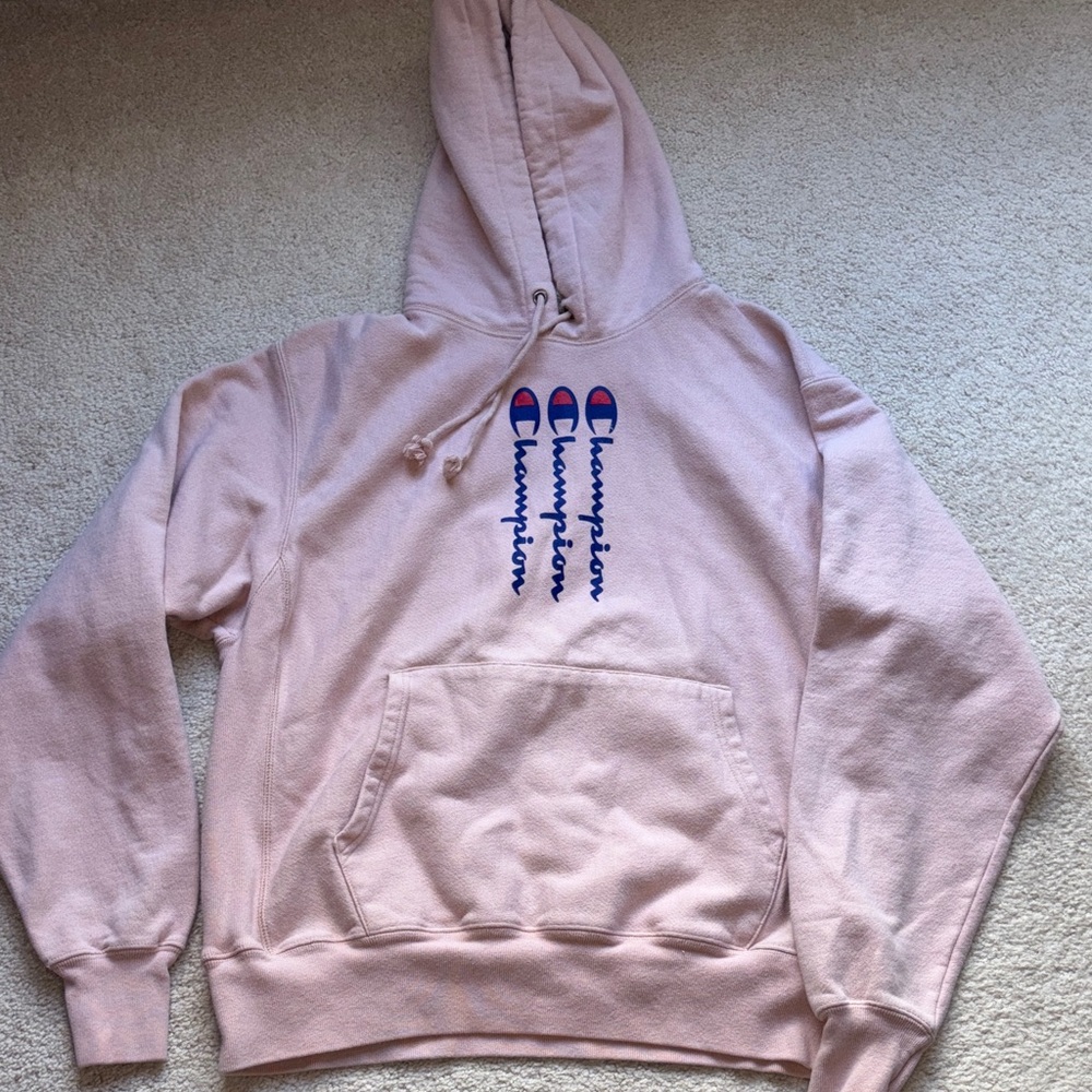 Champion Light Pink Hoodie with Triple Logo